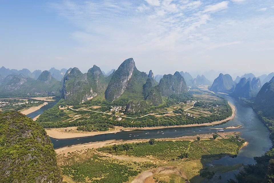 Li River winding through green karst peaks near Guilin and Yangshuo