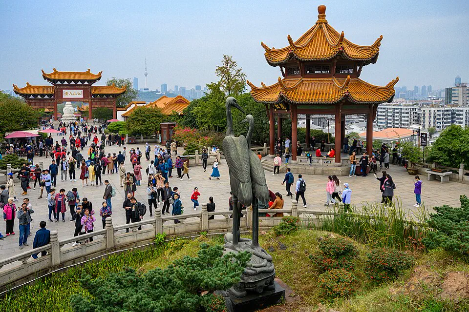 Pavilions and crane statues on the Yellow Crane Tower grounds above Wuhan