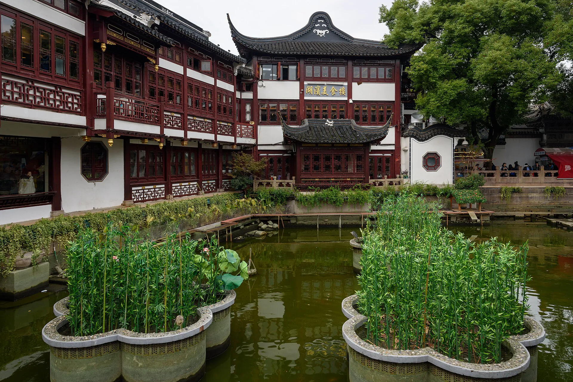 Pavilions, pond and planted rockeries inside Yuyuan Garden