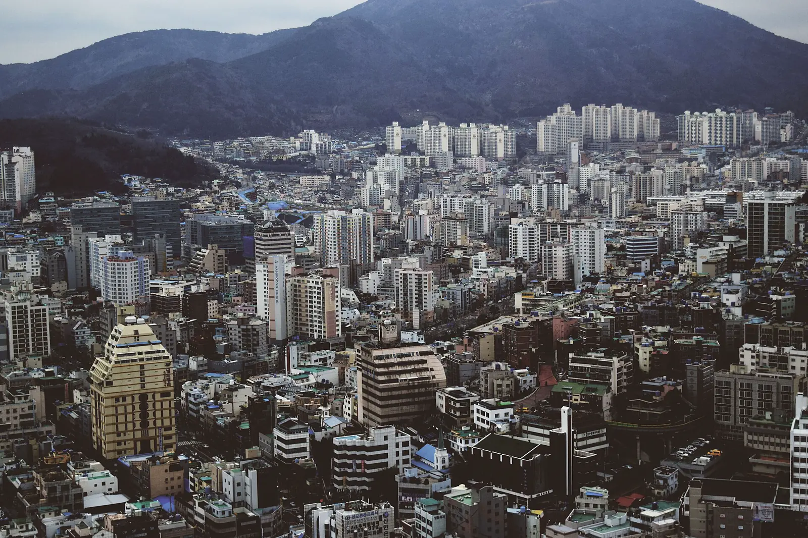 Busan neighborhoods and towers rising between port and mountain
