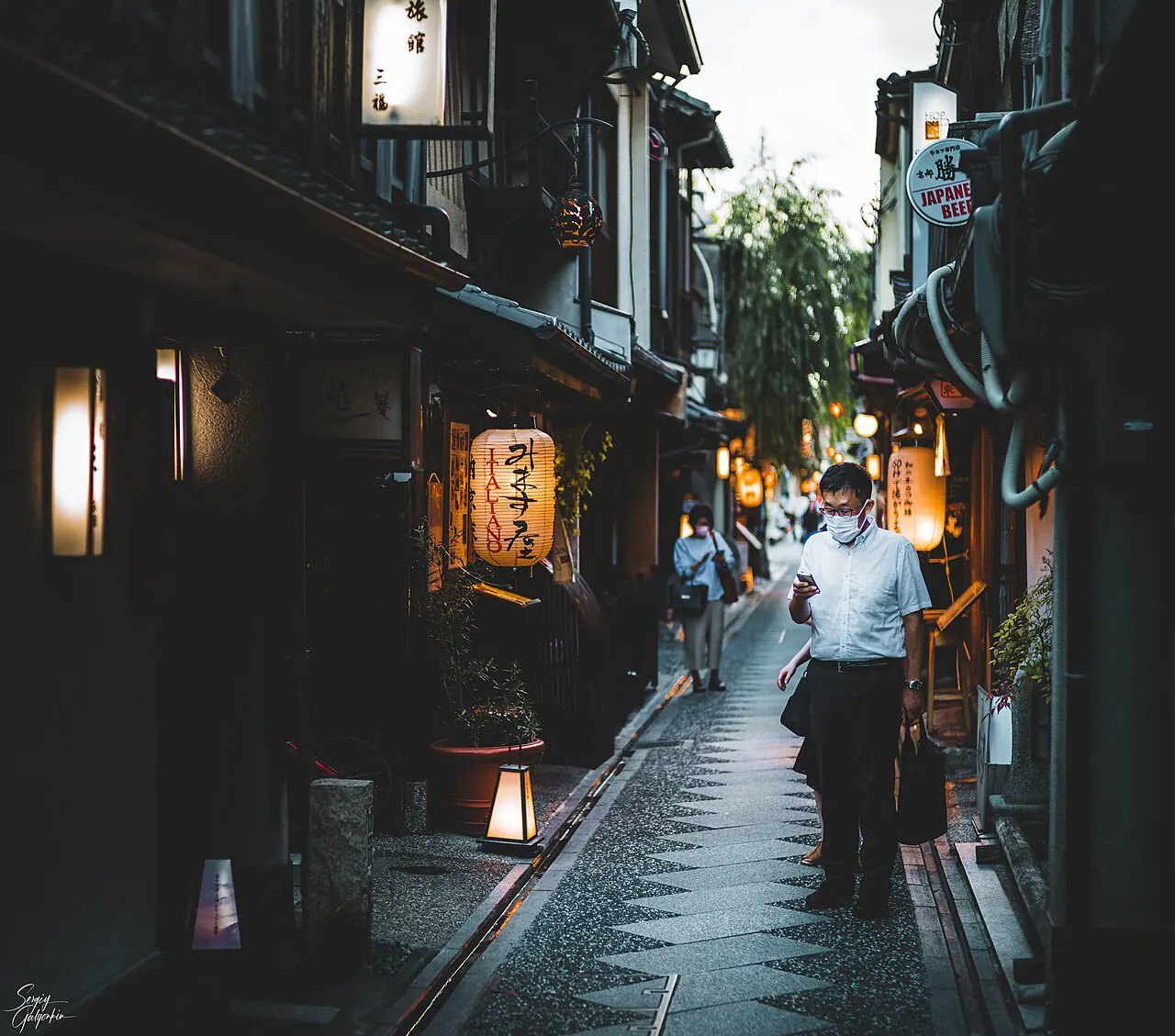 Narrow lantern-lit Pontocho alley in Kyoto