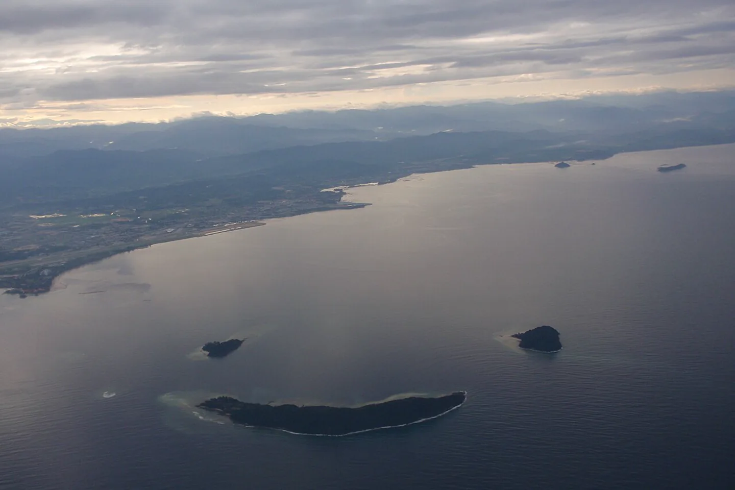 Aerial view of Tunku Abdul Rahman Park islands and the Kota Kinabalu coastline