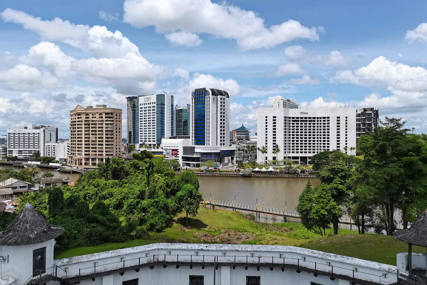 Kuching Waterfront, Sarawak River and city skyline seen from Fort Margherita