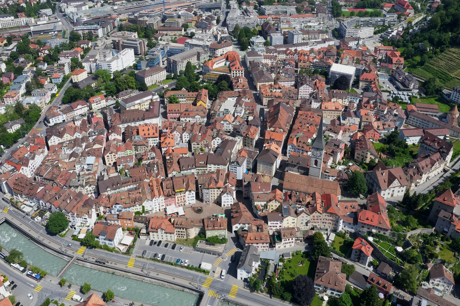 Chur old town and Graubünden mountain landscape