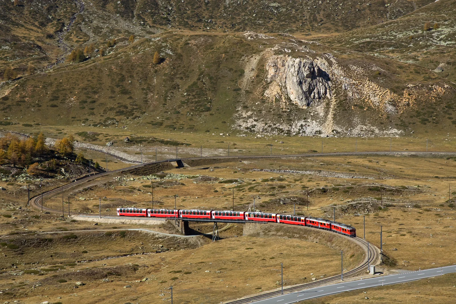 Rhaetian Railway train on the Bernina line in Switzerland