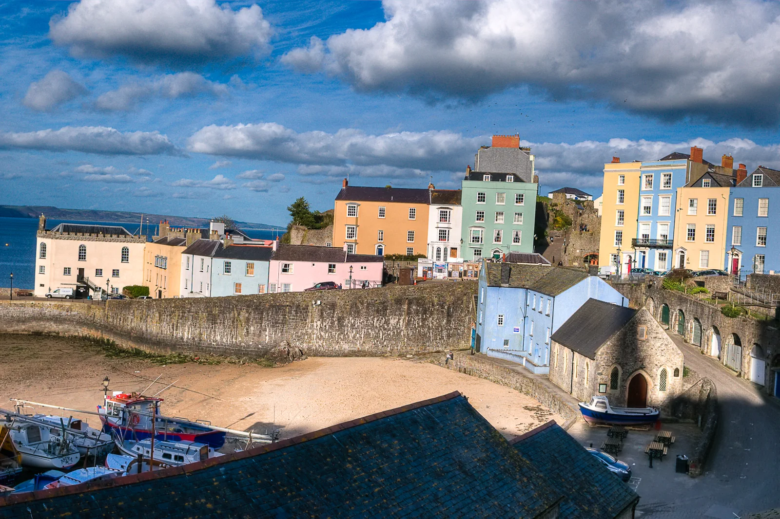 Tenby harbour and colourful waterfront houses in Pembrokeshire